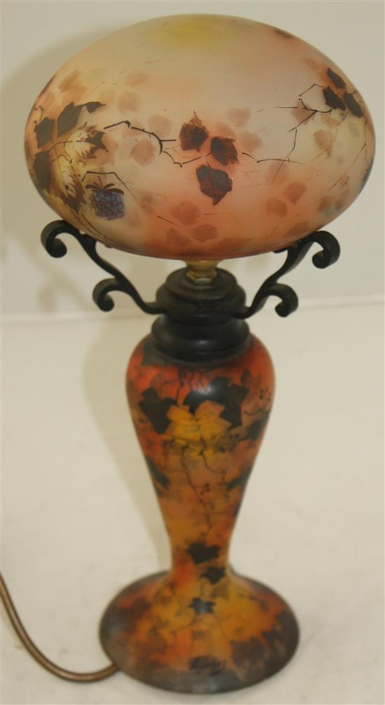 A Peynaud enamelled glass lamp base and shade, early 20th century, total height 33cm